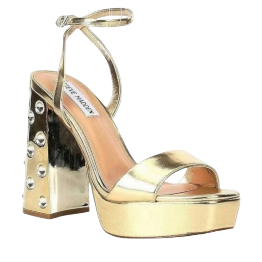 Steve Madden Laudre Gold Metallic Ankle Strap Open Toe Block Heeled Sandals - Picture 2 of 10